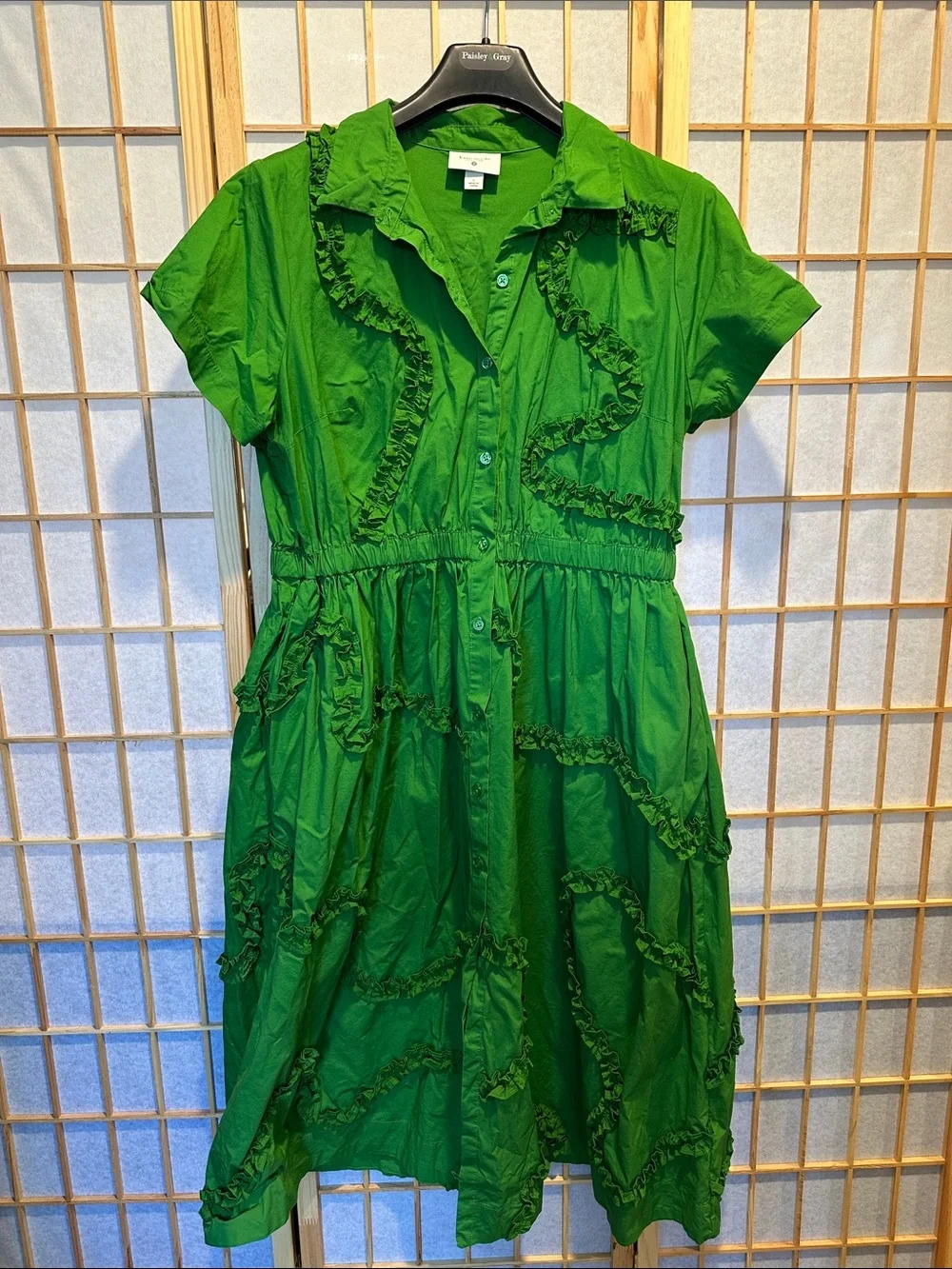 kate spade Bright Green Ruffle-Trim Midi Shirt Dress